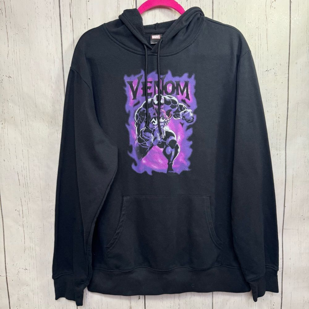 Marvel Venom Mens L Black Graphic Hoodie Purple Flames Pullover Sweatshirt
